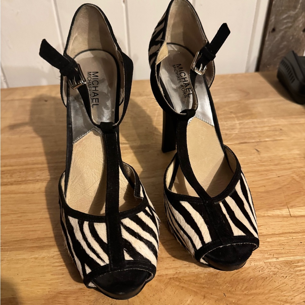 Michael Kors Faux hair Zebra Stripe Platform Heels in Black and White